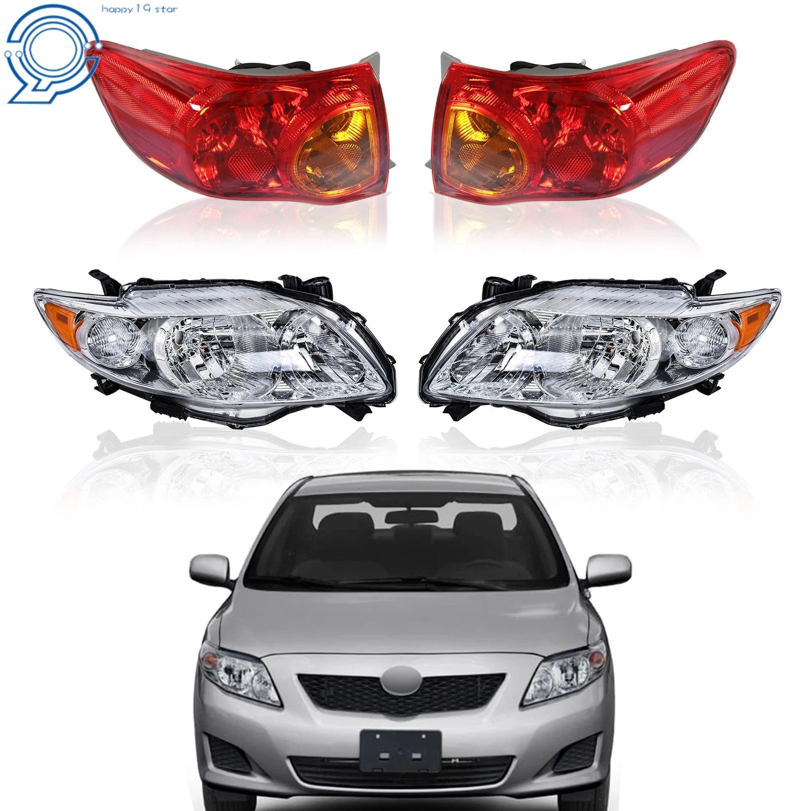Set of 2 Red Tail Lights & Halogen Headlights for Toyota Corolla (2009–2010)