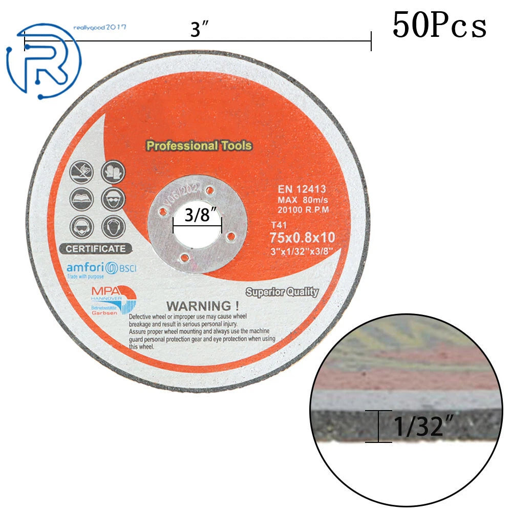 50 Pack 3" Cut-off Wheel Discs for Metal & Stainless Steel