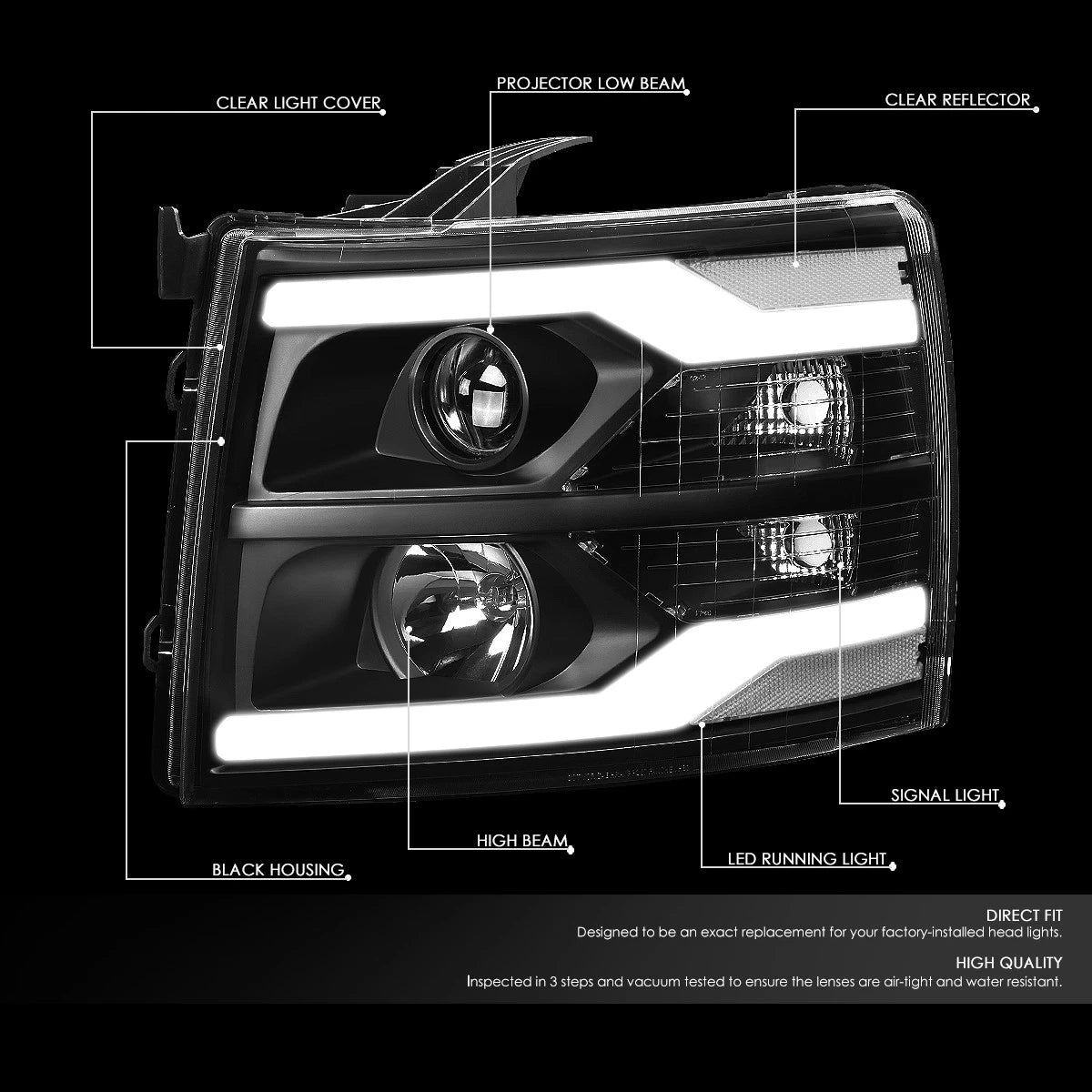 Dual LED DRL Projector Headlight for Chevy Silverado (2007–2014)