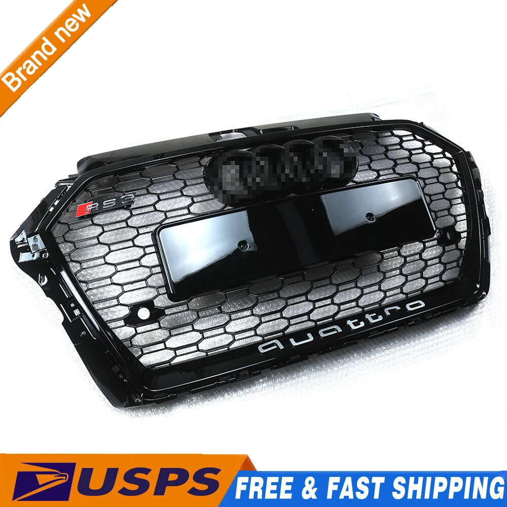 RS3 Style Grille for Audi A3 S3 (2017–2019) Black Honeycomb Bumper Grill