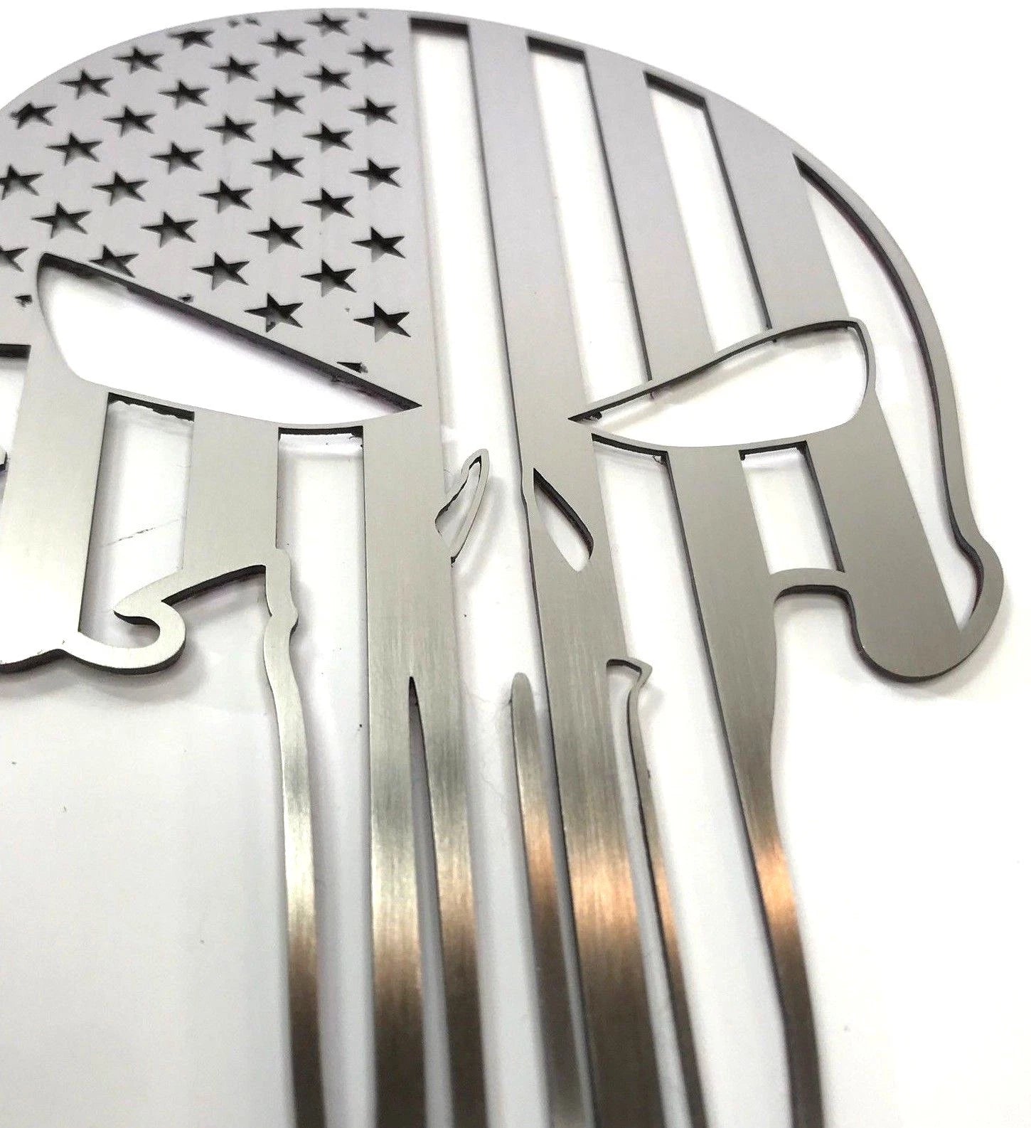 Brushed Stainless Steel Punisher Skull Emblem with American Flag for Car