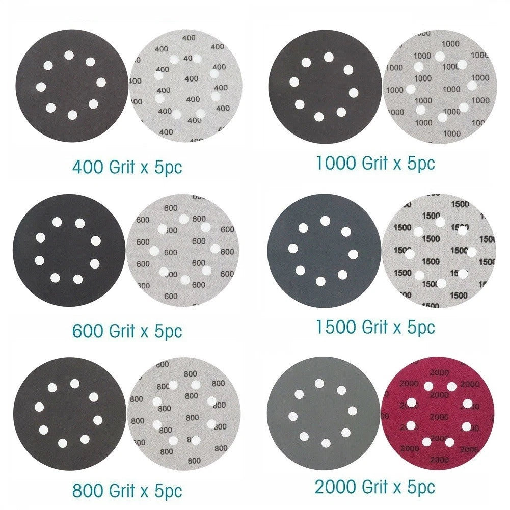 Set of 30 Sanding Discs 125mm 400-2000 Grit 5 Inch 8 Hole