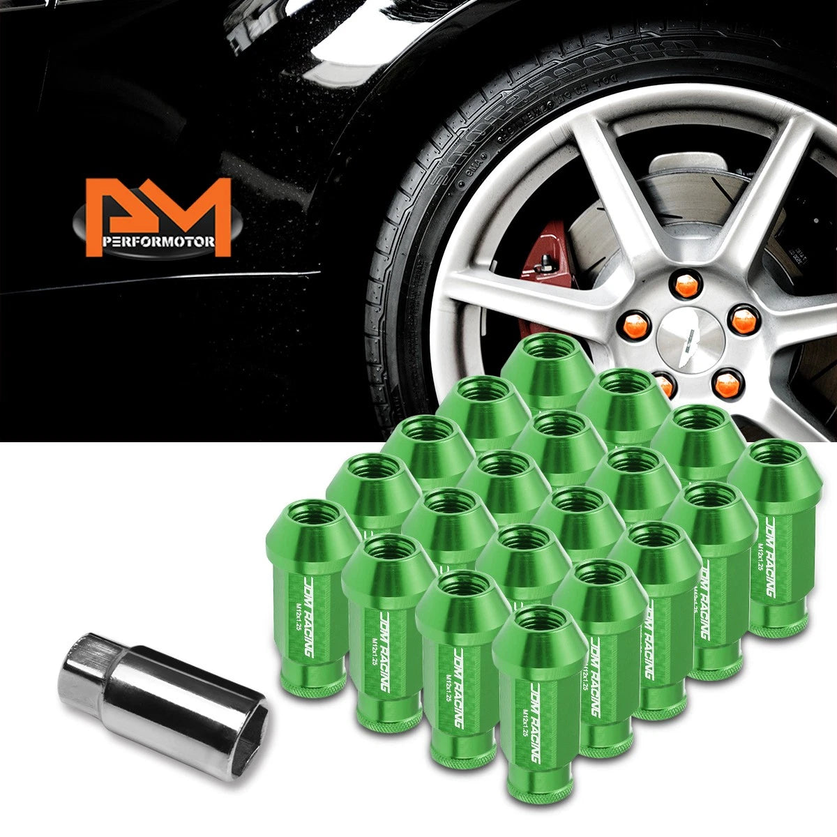 20Pc M12X1.25 Green JDM Open-End Acorn Hex Wheel Lug Nuts + Extension 25mm