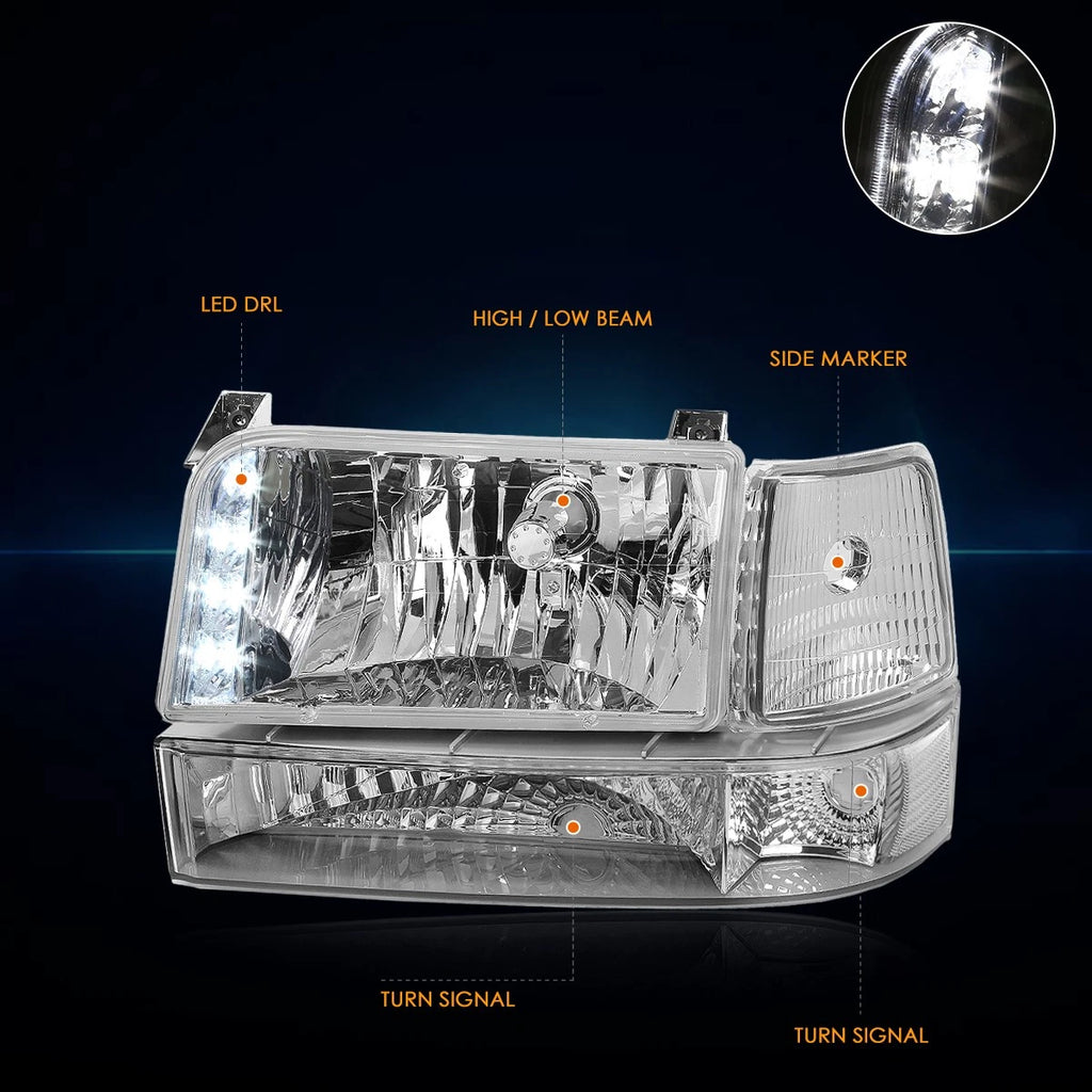 LED DRL Headlight for Ford F150/F250/F350 (1992–1996) Chrome Housing Clear Corner