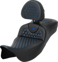 SADDLEMEN RoadSofa Seat for Harley Davidson (2014–2023) - Honeycomb, Blue Stitch, Backrest