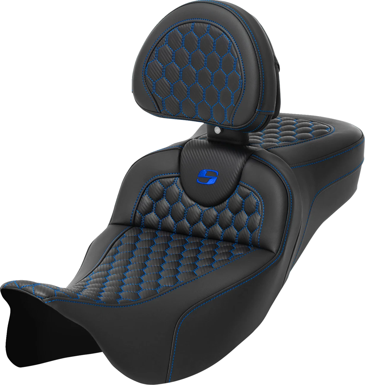 SADDLEMEN RoadSofa Seat for Harley Davidson (2014–2023) - Honeycomb, Blue Stitch, Backrest