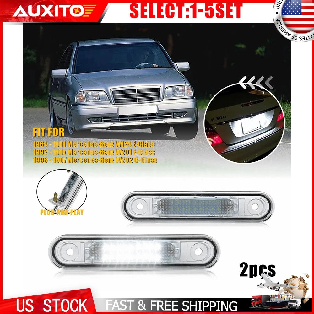 2X White LED License Plate Lights for Mercedes E-Class W124 W201 C-Class W202