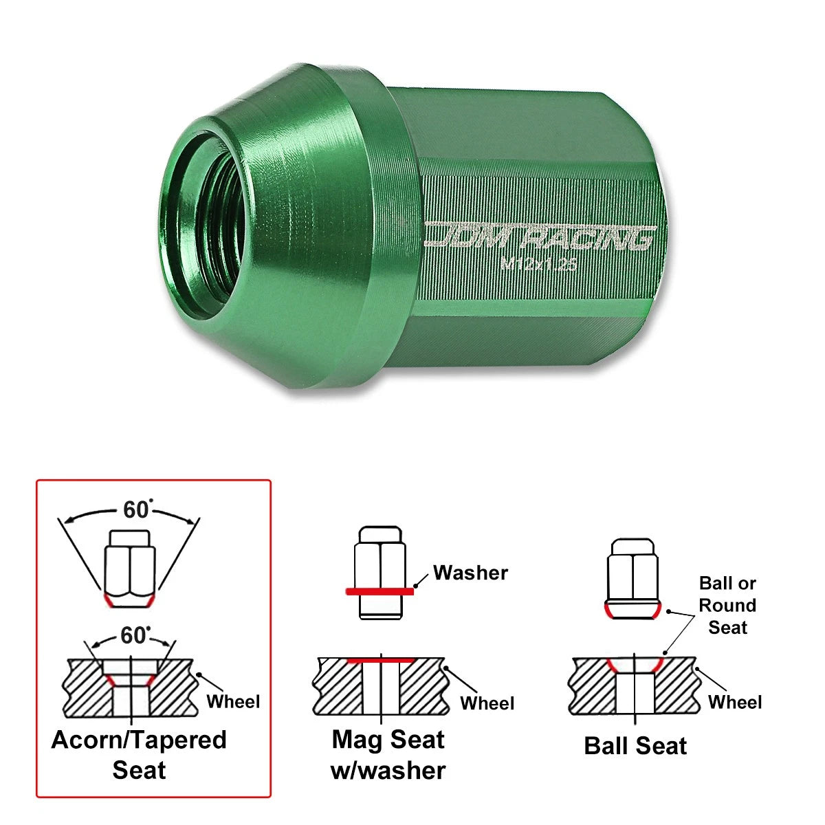 20Pc M12X1.25 Green JDM Closed End Acorn Hex Wheel Lug Nuts + Extension 25mmx35mm