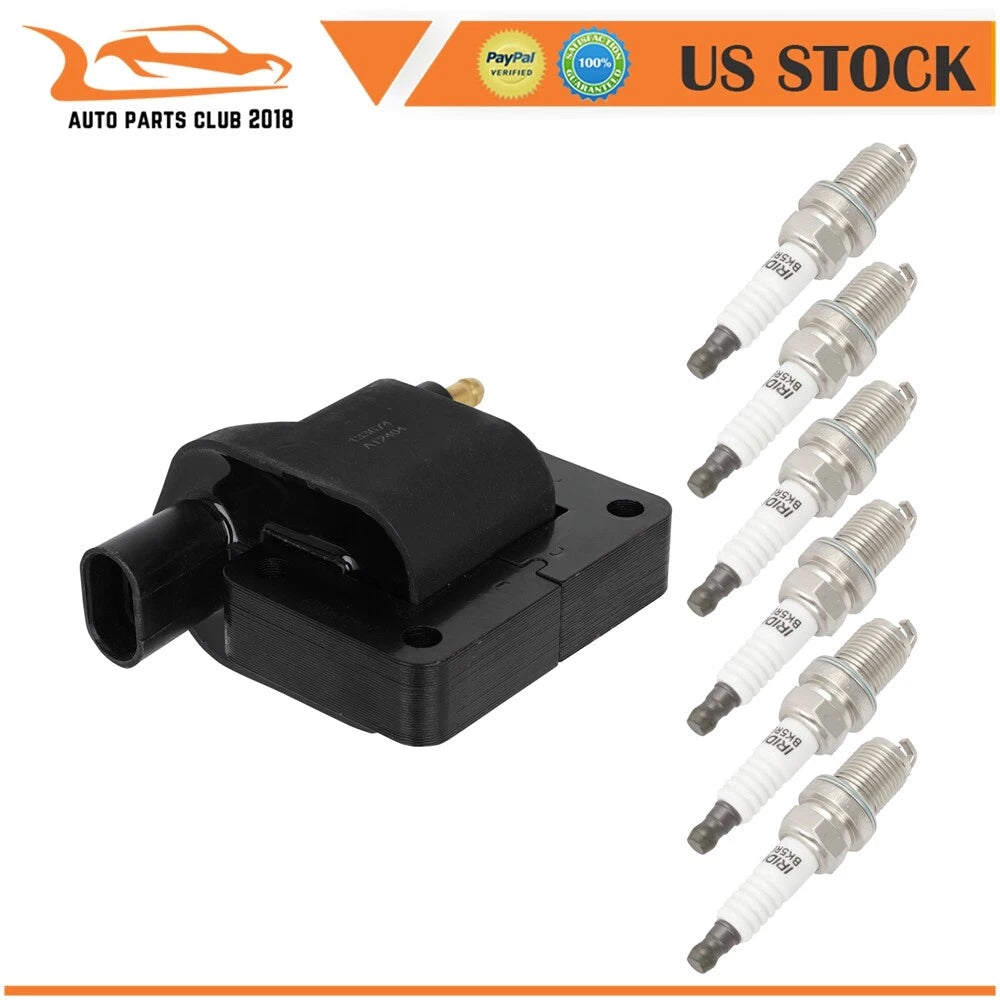 Set of 1 Ignition Coil & 6 Spark Plugs for Dodge Caravan Jeep Wrangler Cherokee (1991–1995)