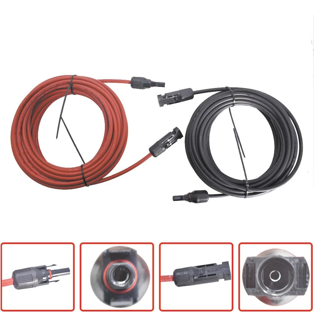 Set of 2 Solar Panel Extension Cables 20ft 4mm² for Automotive Use
