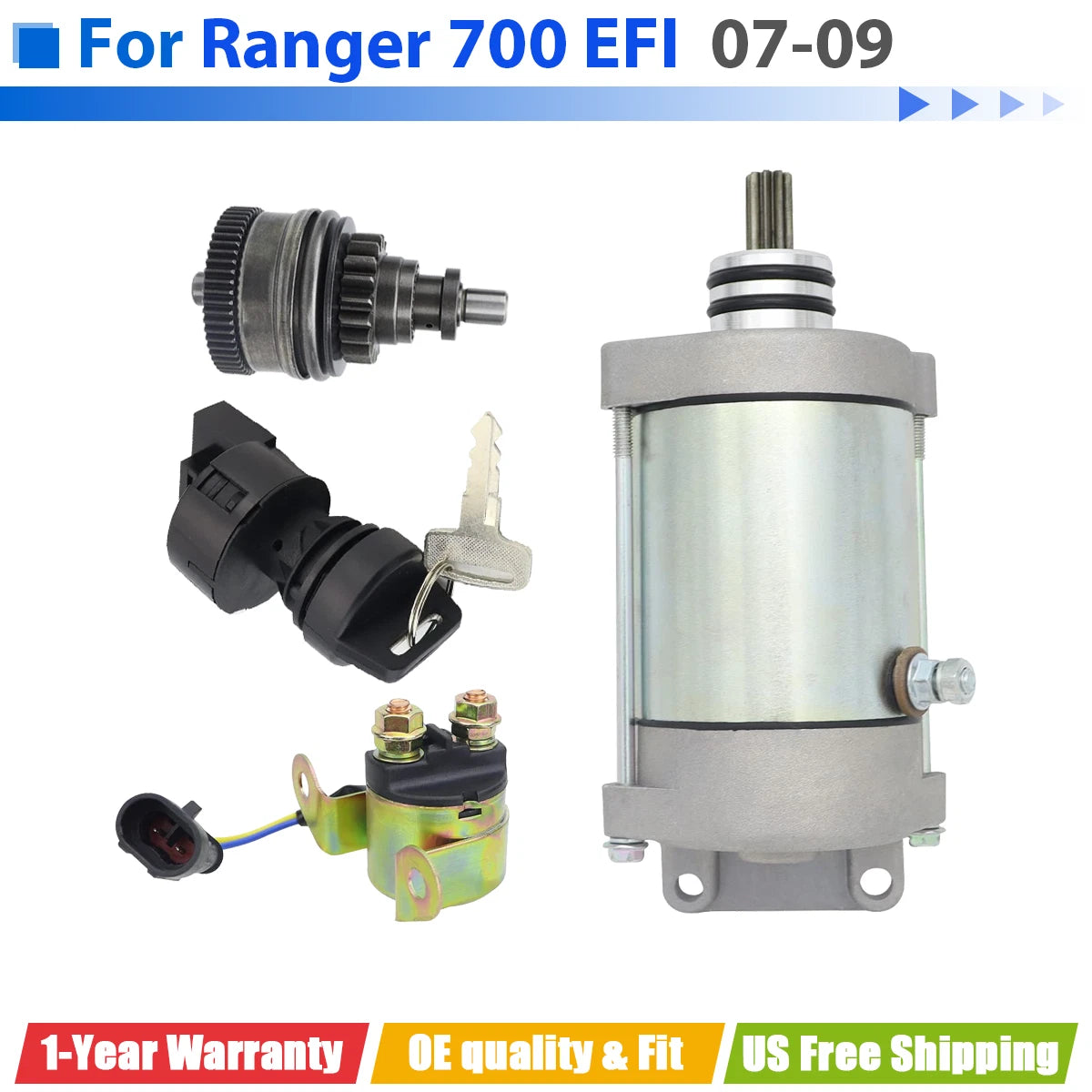 Starter for Polaris Ranger 700 4x4 EFI (2007–2009) W/Bendix, Relay, Key Switch