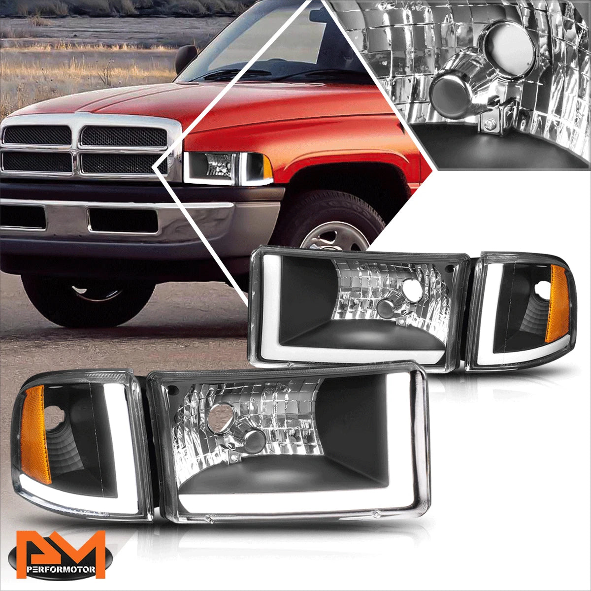 Dual L-Bar LED Headlight for Dodge Ram (1994–2002) - Black Housing, Amber Corner