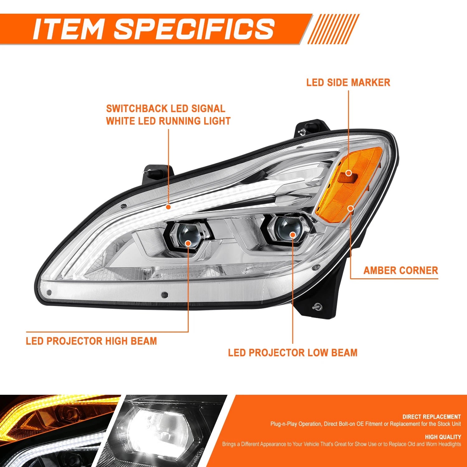 3D LED Bar Switchback Signal Projector Headlights for Kenworth T680 (2022–2024)