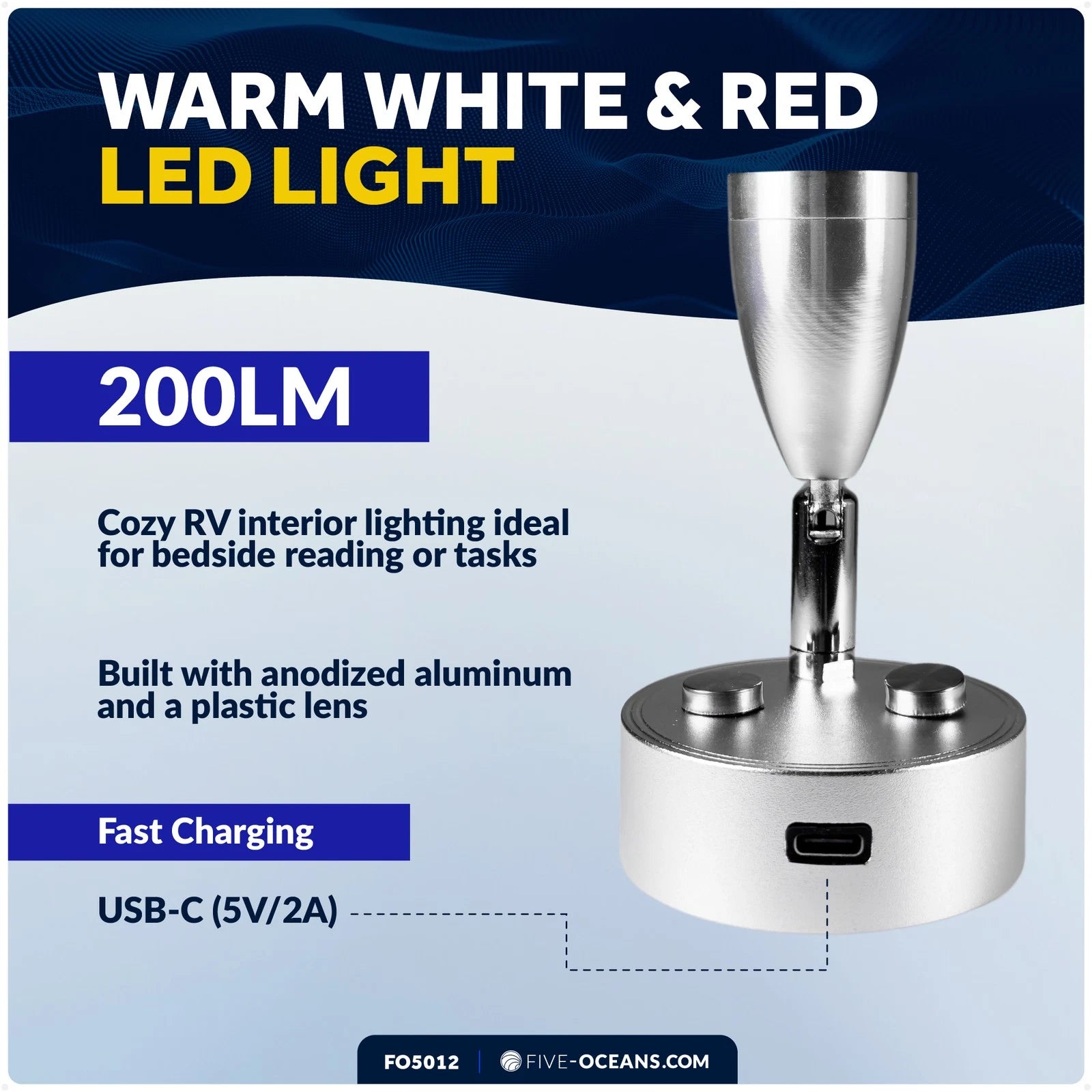 LED Reading Light for RV (12V) - Touch Dimmer, USB-C Port, Warm White & Red