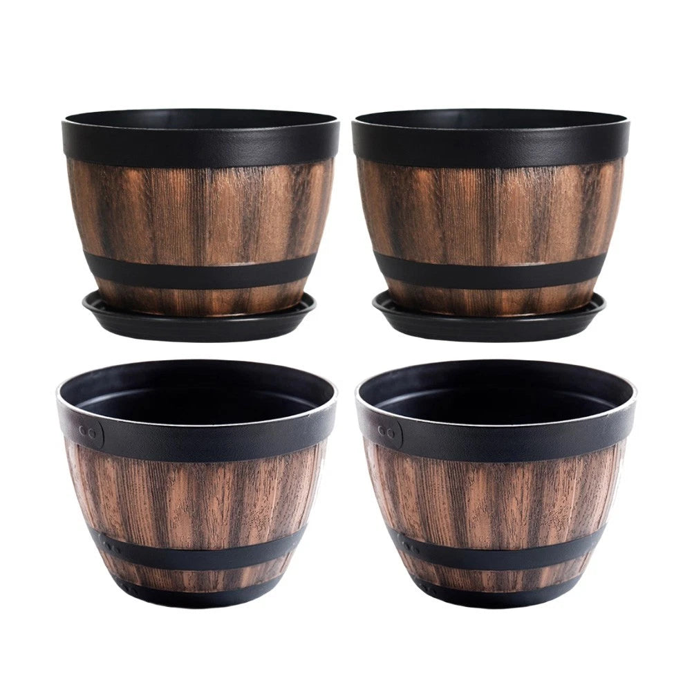 2X Plastic Flower Pots for Healthy Growth - Wine Tub Shape with Drainage