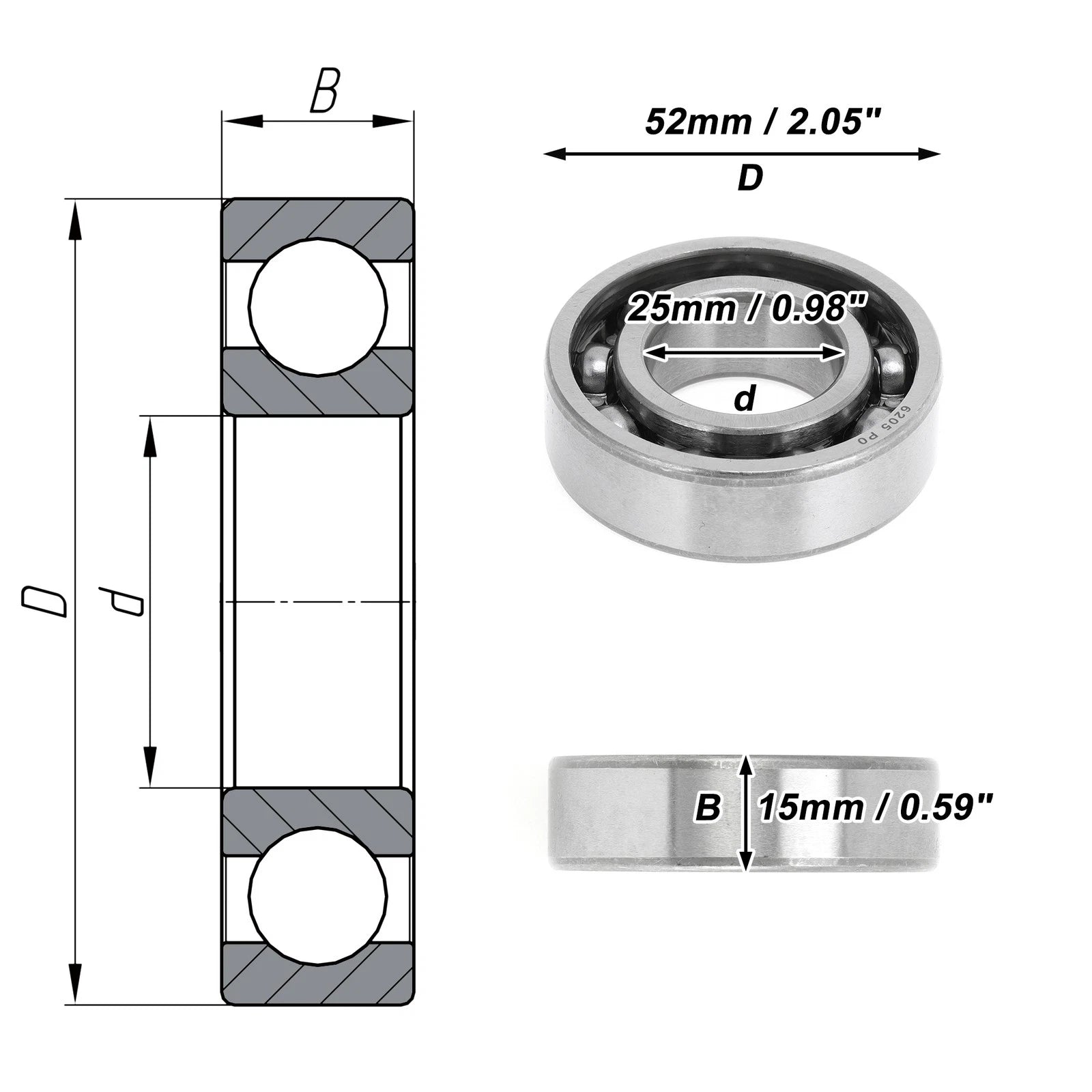 6205 Deep Groove Ball Bearing for Scooter Skateboard Wheel (P0 25x52x15mm)