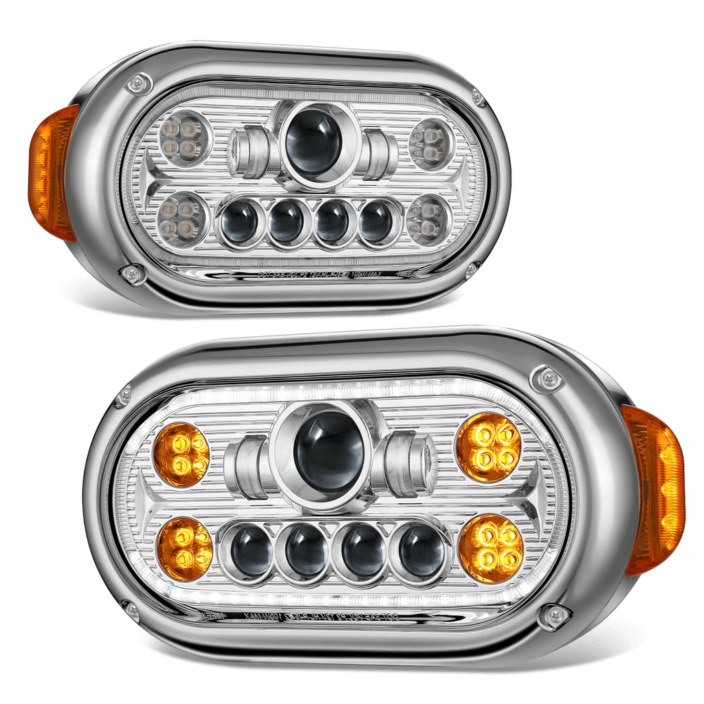 Chrome Amber Halo Ring LED Dual Projector Headlight for Peterbilt 359 (1967–1987)