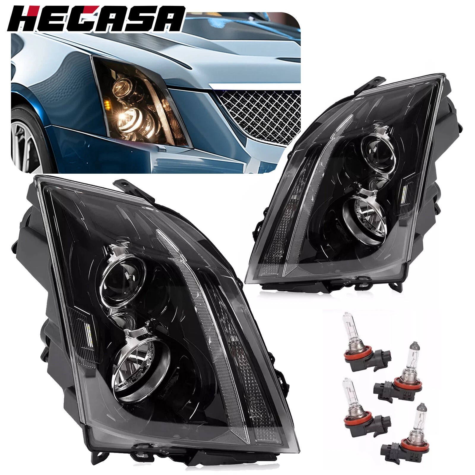 Pair Halogen Headlights for Cadillac CTS (2008–2015) with Bulbs