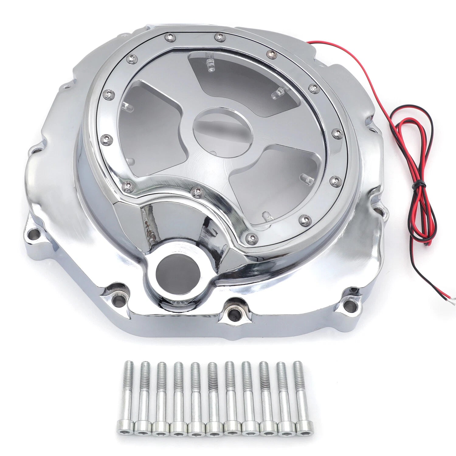 Chrome Engine Clutch Cover with Green LED for Kawasaki ZX14R ZZR 1400 (2006–2014)