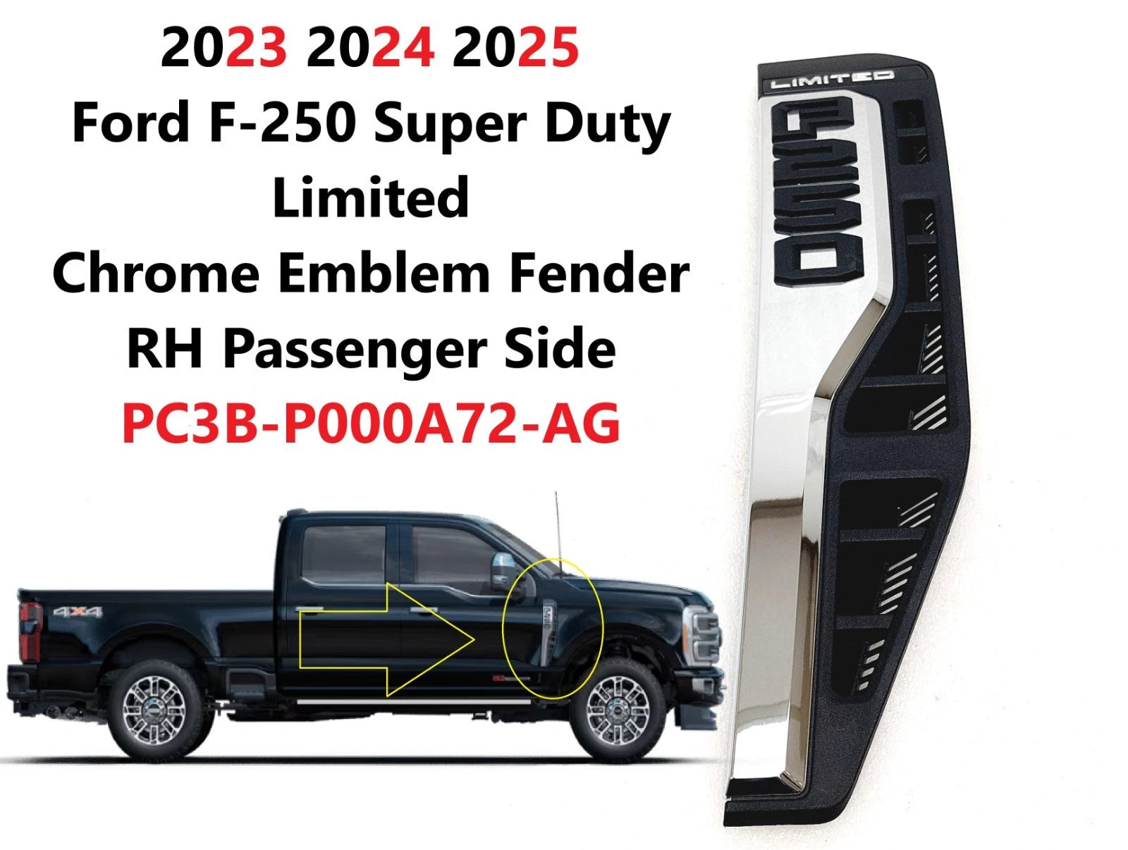 Right Side Fender Vent Emblem for Ford F250 SD Limited (2023–2025) PC3BP000A72AG