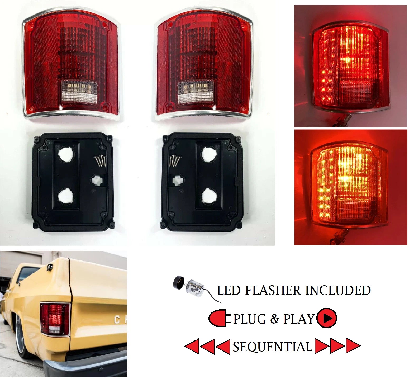 Sequential LED Tail Light Set with Flasher w Trim for 1973-1991 Blazer Jimmy