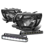 Black Housing Headlights + Clear Corner + Smoke LED Fog Light Kit for Toyota Tacoma (2012–2015)