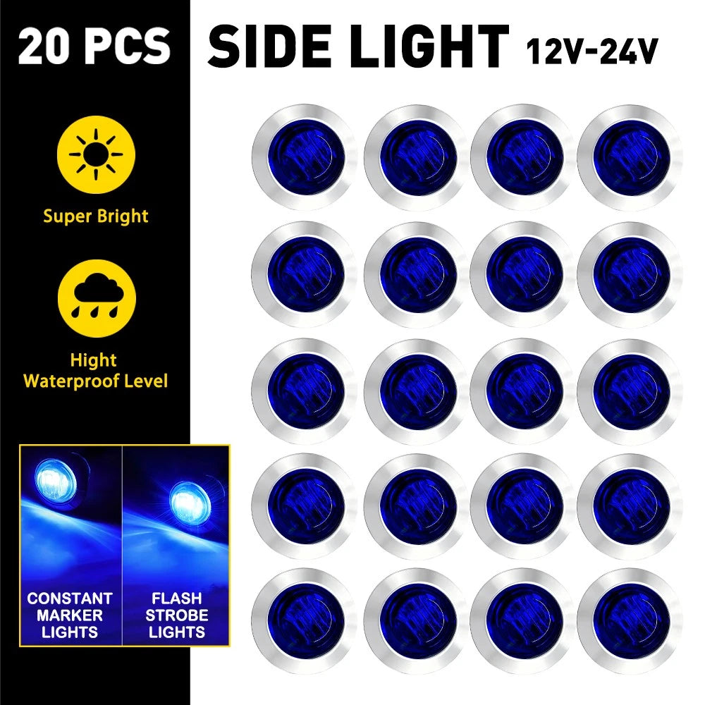 Set of 20 LED Marker Lights for Truck Trailer (3/4", Strobe + Steady, Blue)