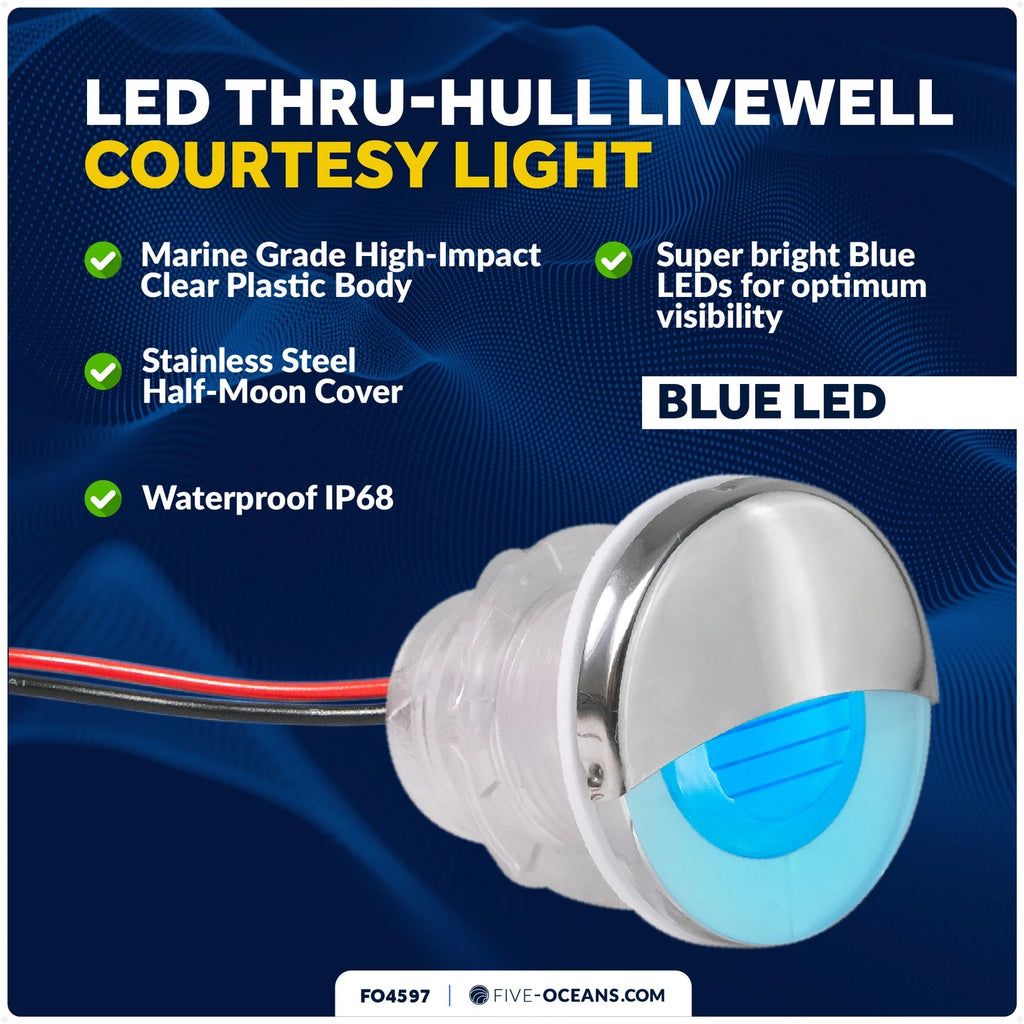 LED Boat Courtesy Lights, 1-5/16" Round, Blue, 316 Stainless Steel