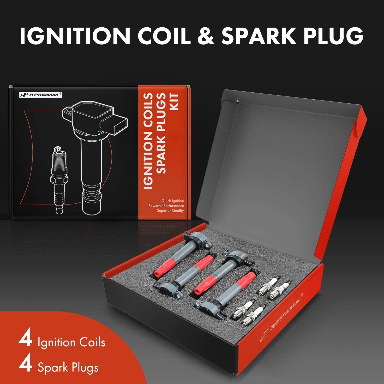 Set of 4 Red Ignition Coils & Iridium Spark Plugs for Mitsubishi Outlander