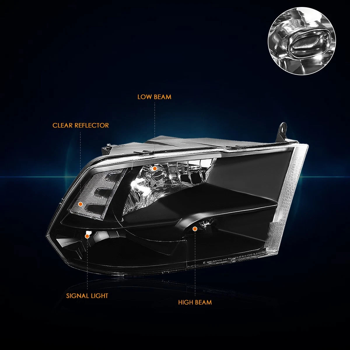 Headlight Pair for Dodge RAM (1994–2002) Black Housing Clear Lens