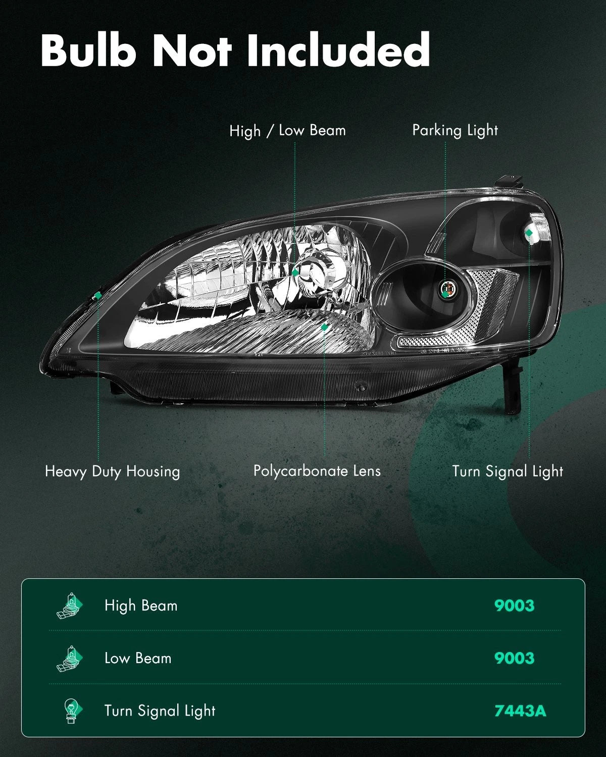 Set of 2 Black Halogen Headlights Assembly for Honda Civic (2001–2003)