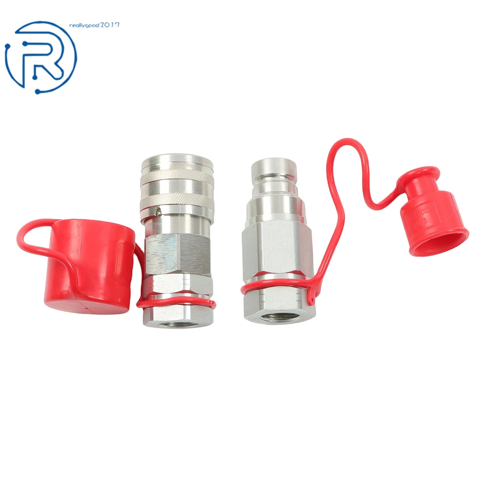 Set of 2 Flat Face Hydraulic Quick Connect Couplers with Dust Caps
