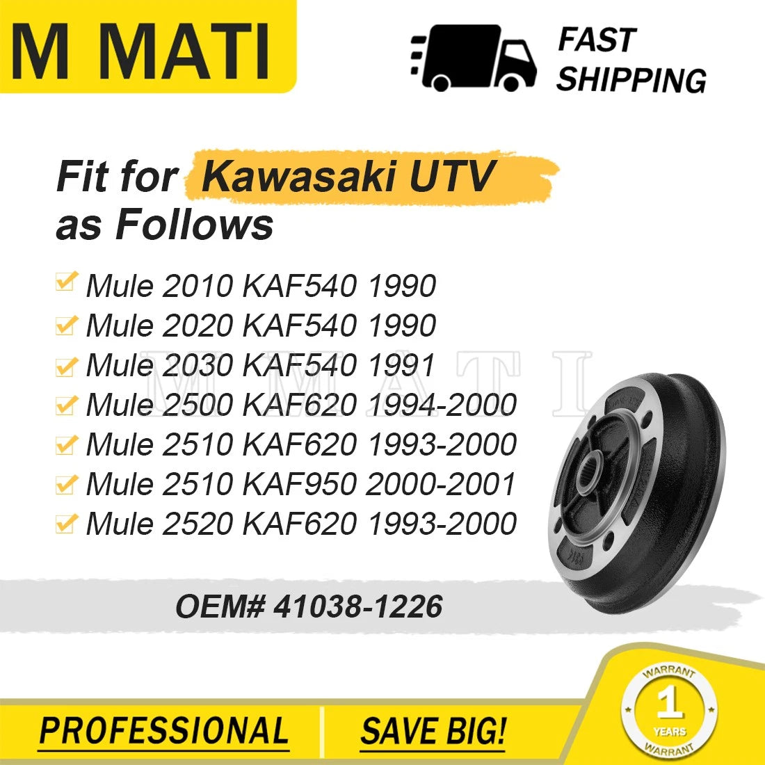 2X Rear Brake Drum for Kawasaki Mule KAF540 KAF620 KAF950 (1990–2001) 41038-1226