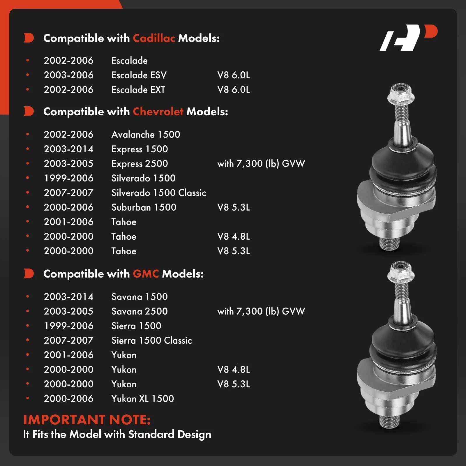 2X Front Upper Ball Joint for Chevrolet Silverado 1500 GMC Sierra 1500 (2007–2018)
