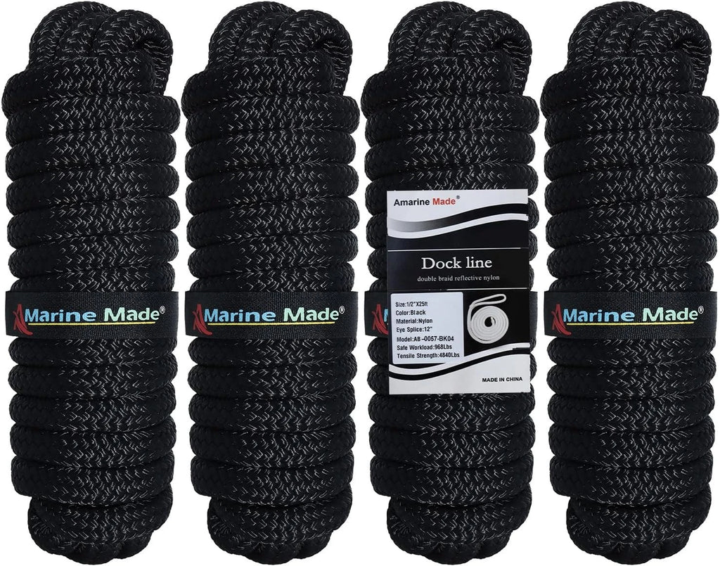 Set of 4 Dock Lines for Boat 1/2 in 25 FT Double Braid Nylon Black
