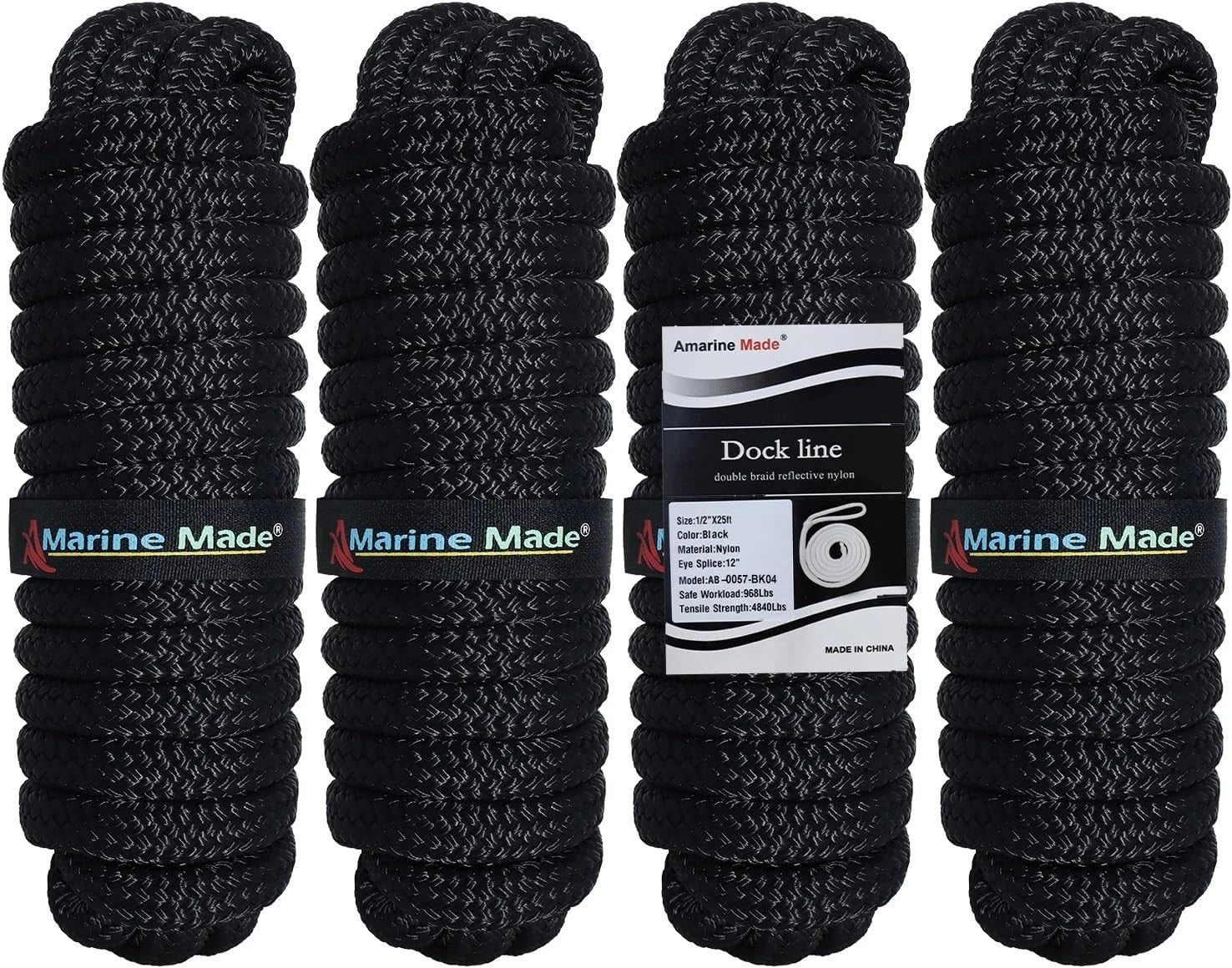 Set of 4 Dock Lines for Boat 1/2 in 25 FT Double Braid Nylon Black
