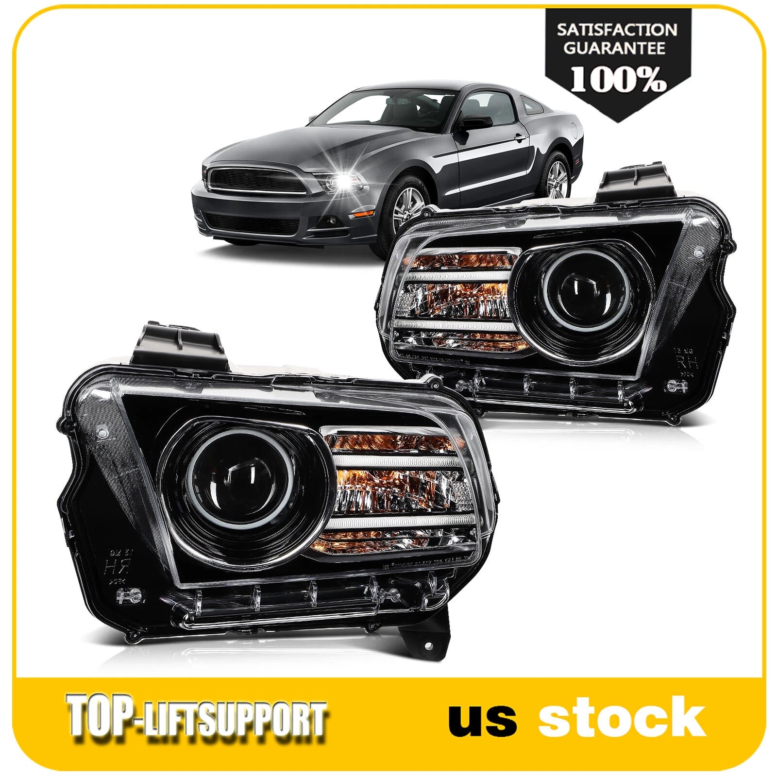 LED DRL Headlight for Ford Mustang (2013–2014) Black Housing Pair