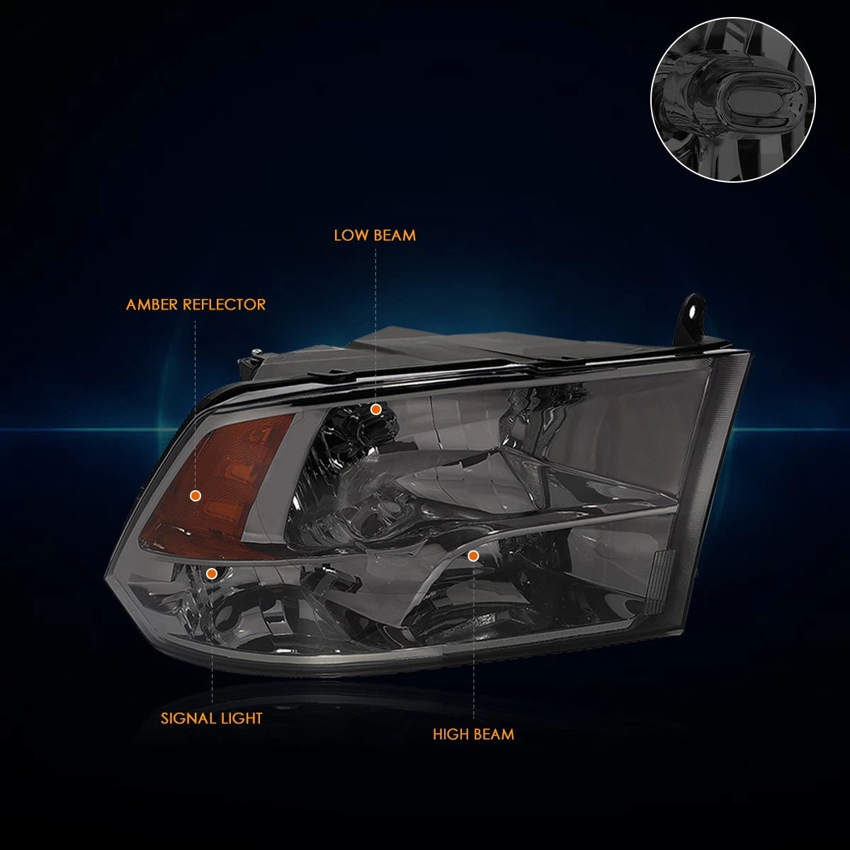 Smoked Lens Amber Side Corner Quad Headlight Set for Dodge RAM Pickup (2009–2018)