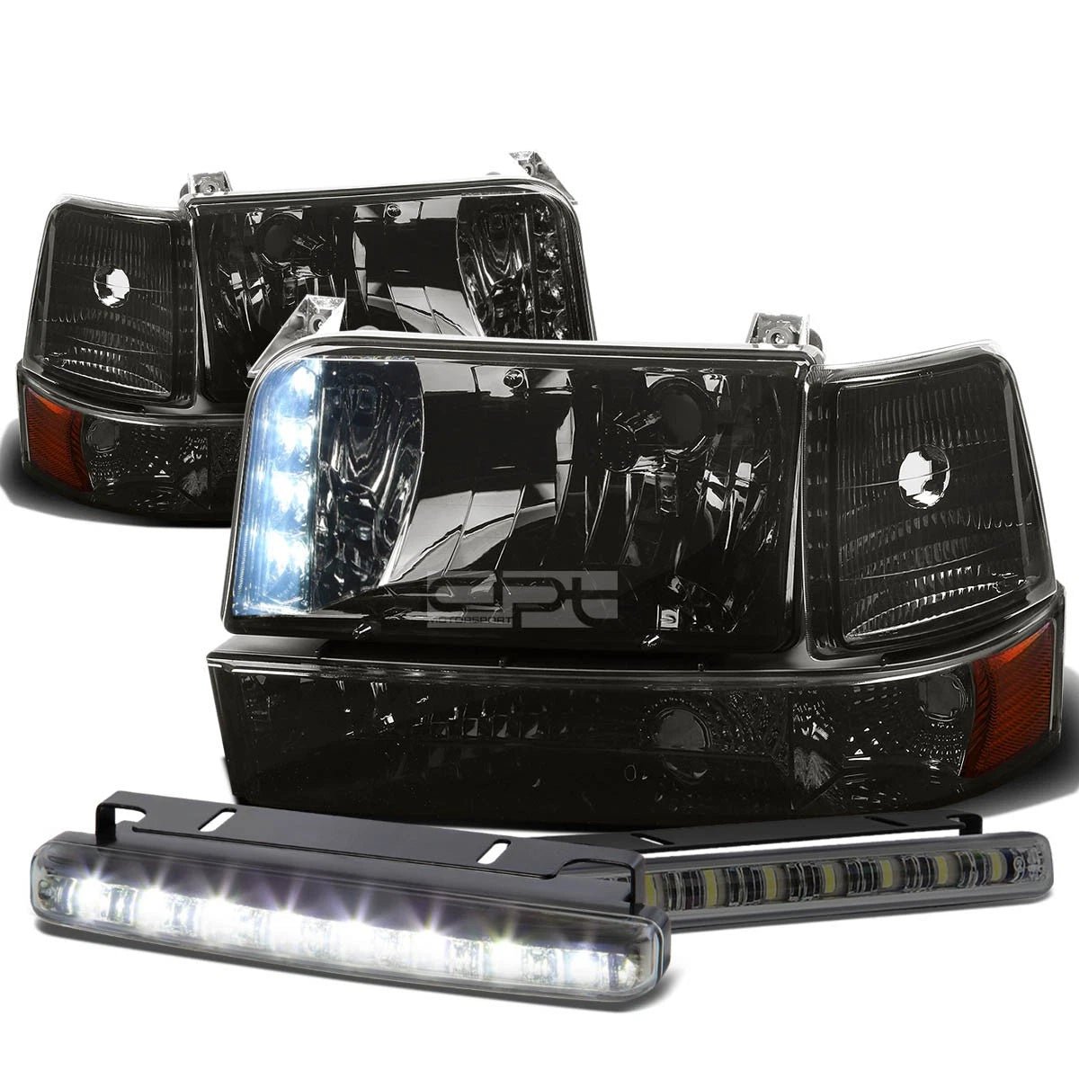 Smoked Housing LED Headlight + Amber Corner + DRL Fog Light Set for Ford F150 (1992–1996)