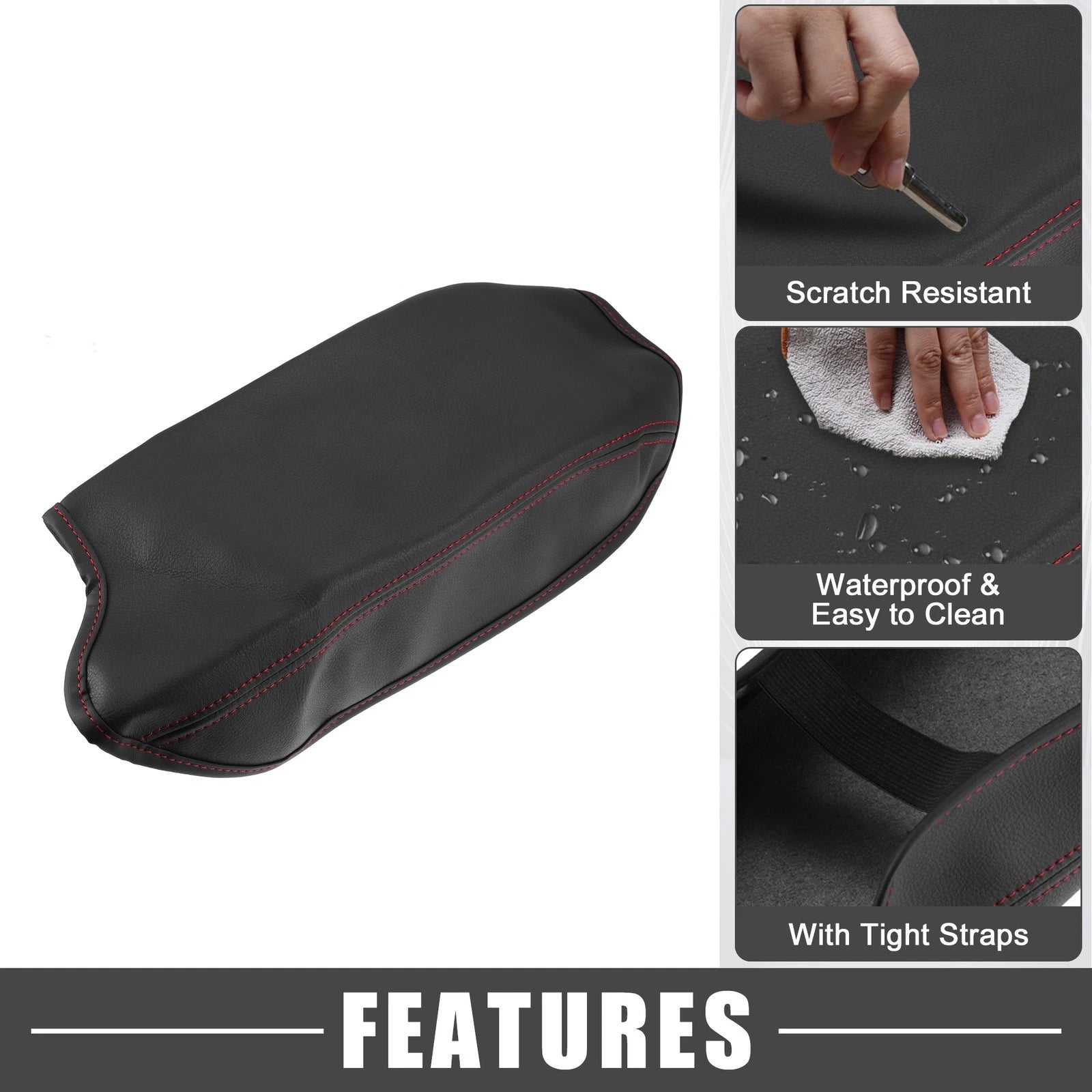 Center Console Armrest Cover for Ford Ranger (2019–2021) Black Red Stitch