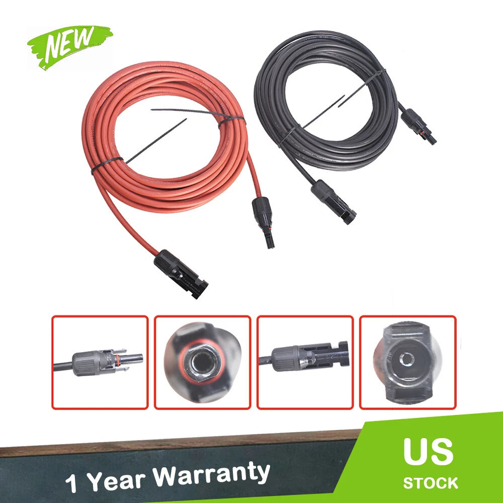 1 Pair Solar Panel Extension Cable for Universal Use (30ft, 12AWG)