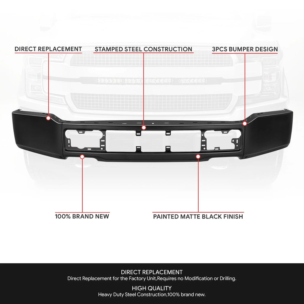 3-Piece Front Bumper Face Bar for Ford F-150 (2018–2020) Black w/o Fog Light Holes