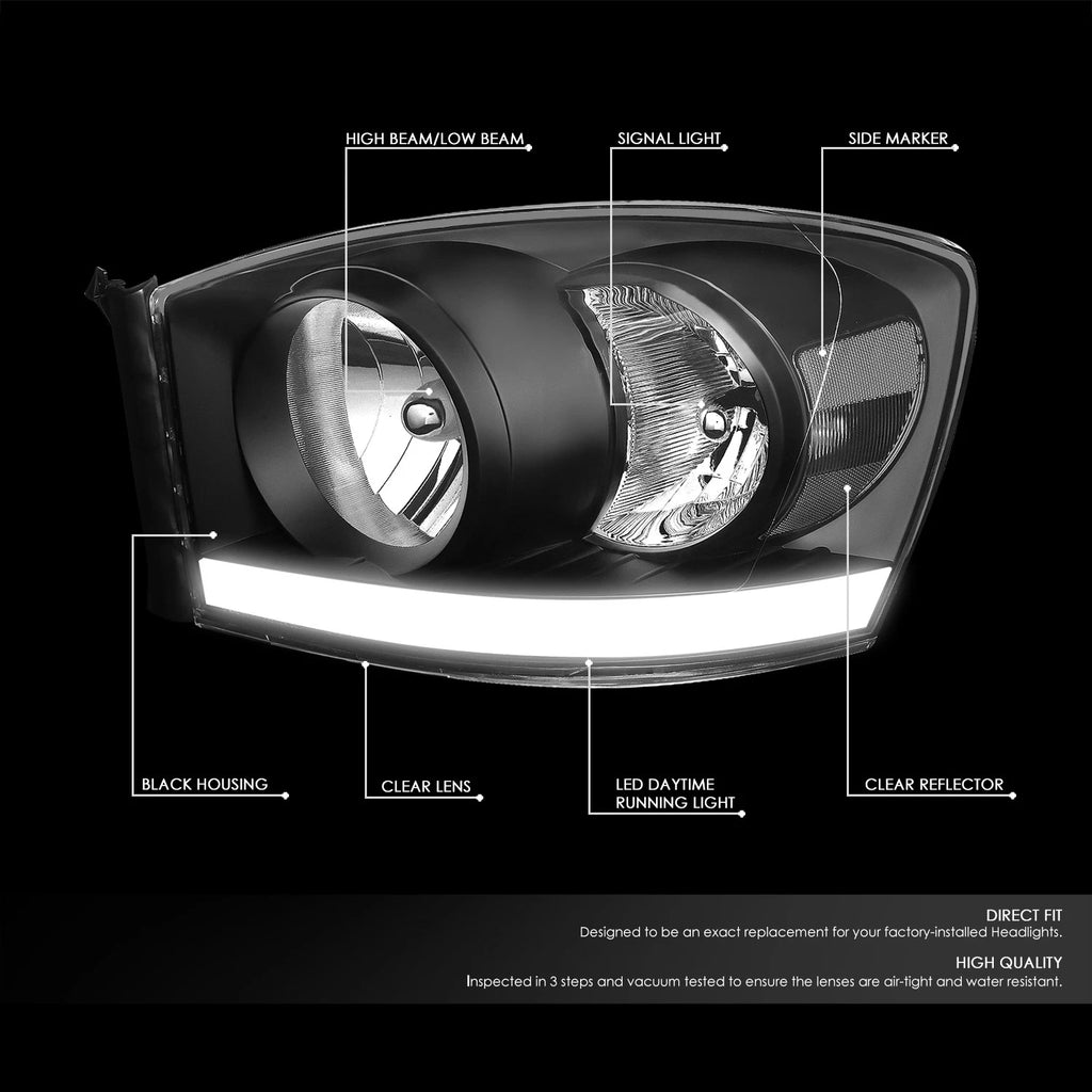 LED DRL Headlight for Dodge Ram Pickup (2006–2009) Black Housing Clear Side