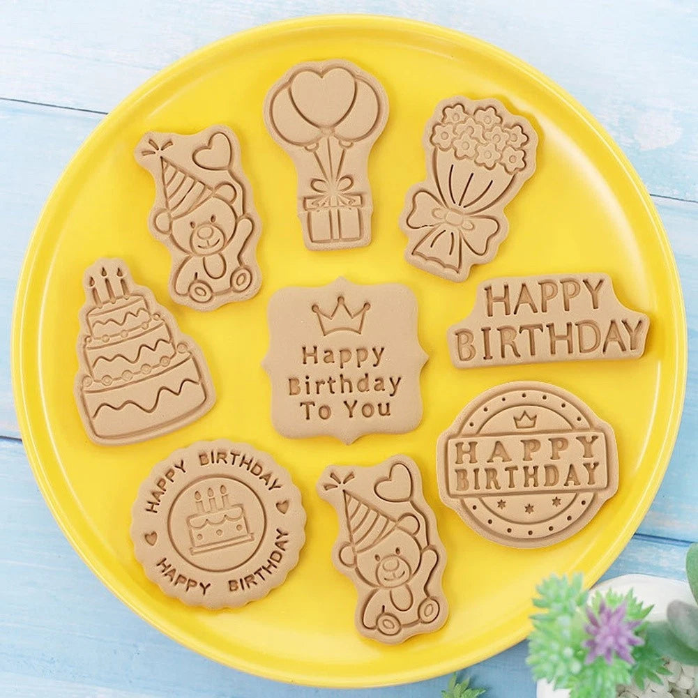 Set of 8 Cartoon Happy Birthday Cookie Cutters - Food Safe PP Baking Tool
