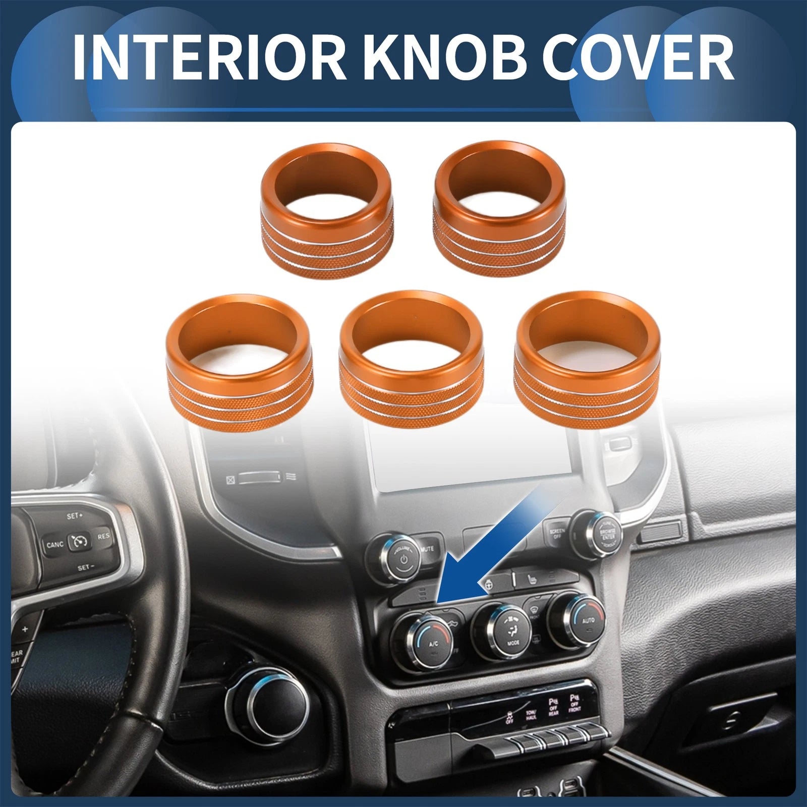 Set of 5 AC Media Volume Switch Knob Cover Rings for Dodge RAM (2018–2022) Orange