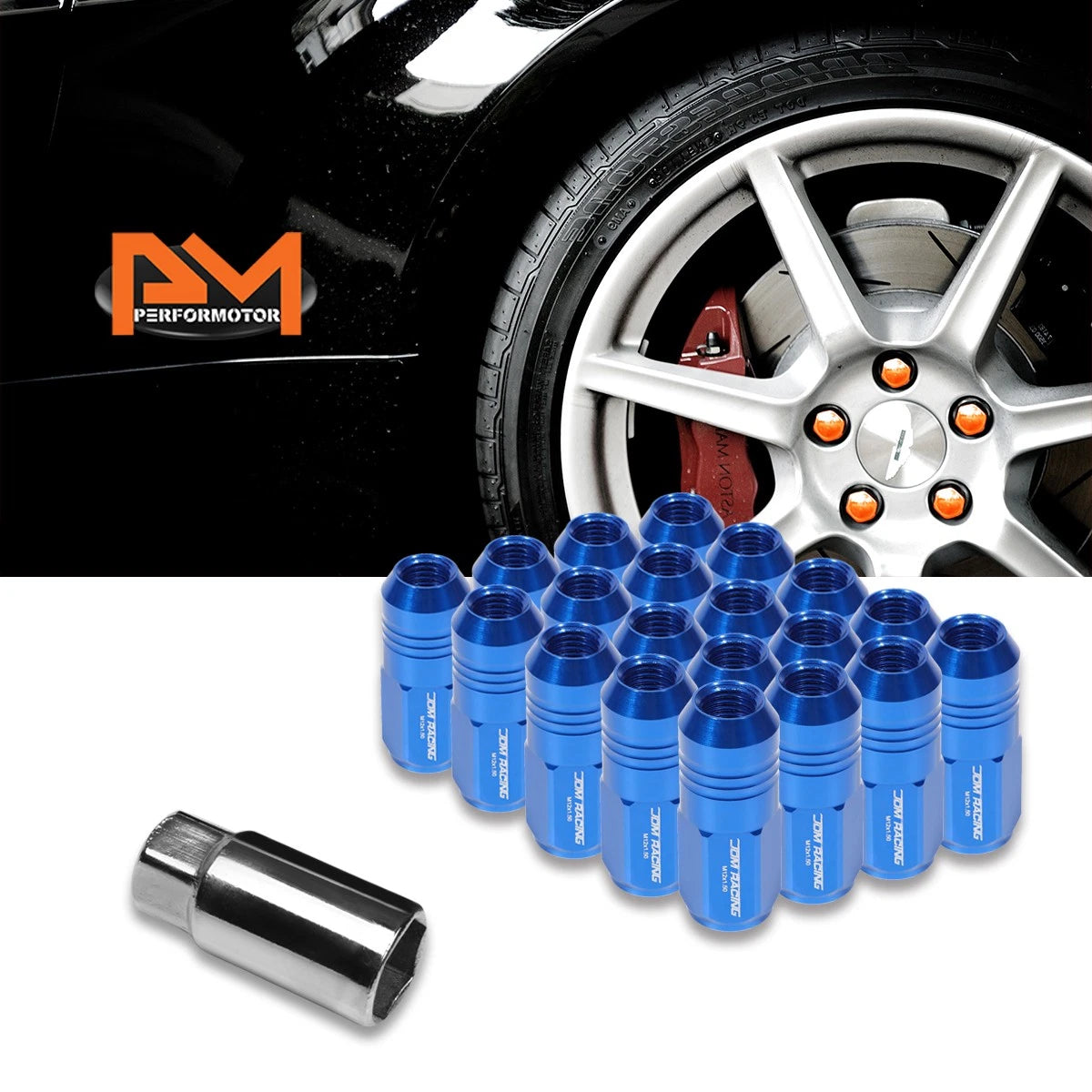 Set of 20 M12X1.5 Blue Closed End Cone Hex Wheel Lug Nuts + 20mm Extension