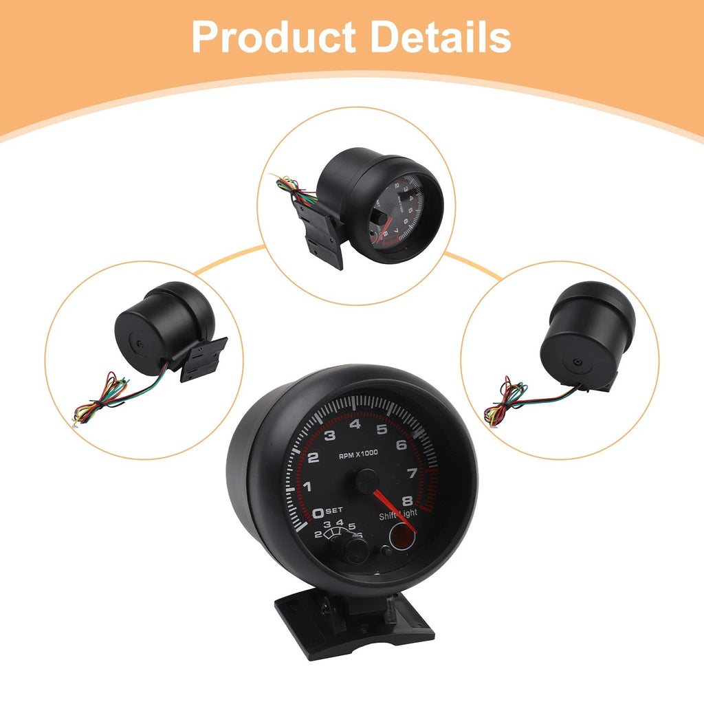 3 Inch Car Tachometer with Red Shift Light for Universal Vehicles (12V)