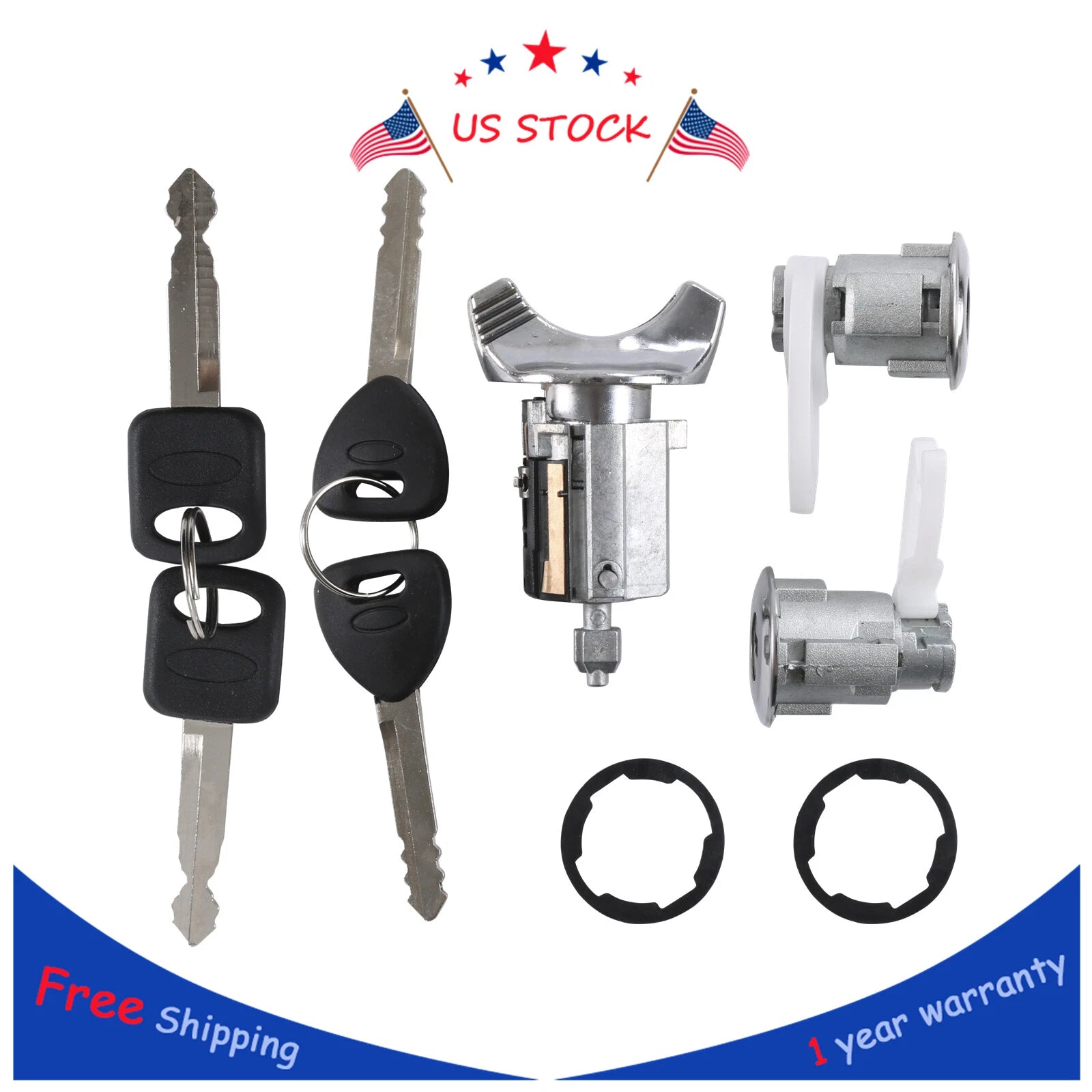 Set of 2 Ignition Key Switch Lock Cylinder & Chrome Tumbler for Ford