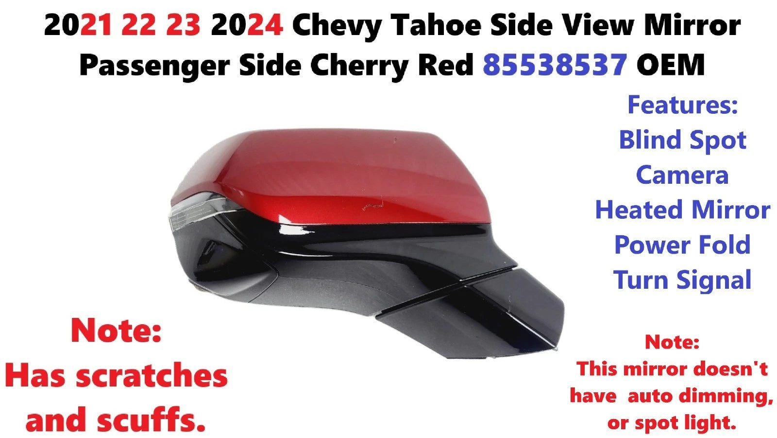 Passenger Side Mirror for Chevy Tahoe (2021–2024) 13-pin Cherry Red 85538537