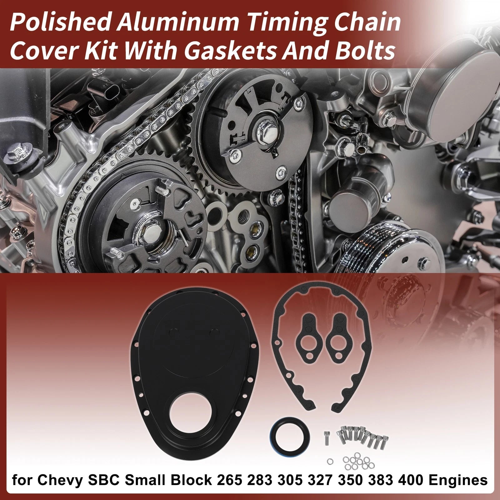 Polished Aluminum Timing Chain Cover Kit with Gaskets & Bolts for Chevy SBC (1960–2000)